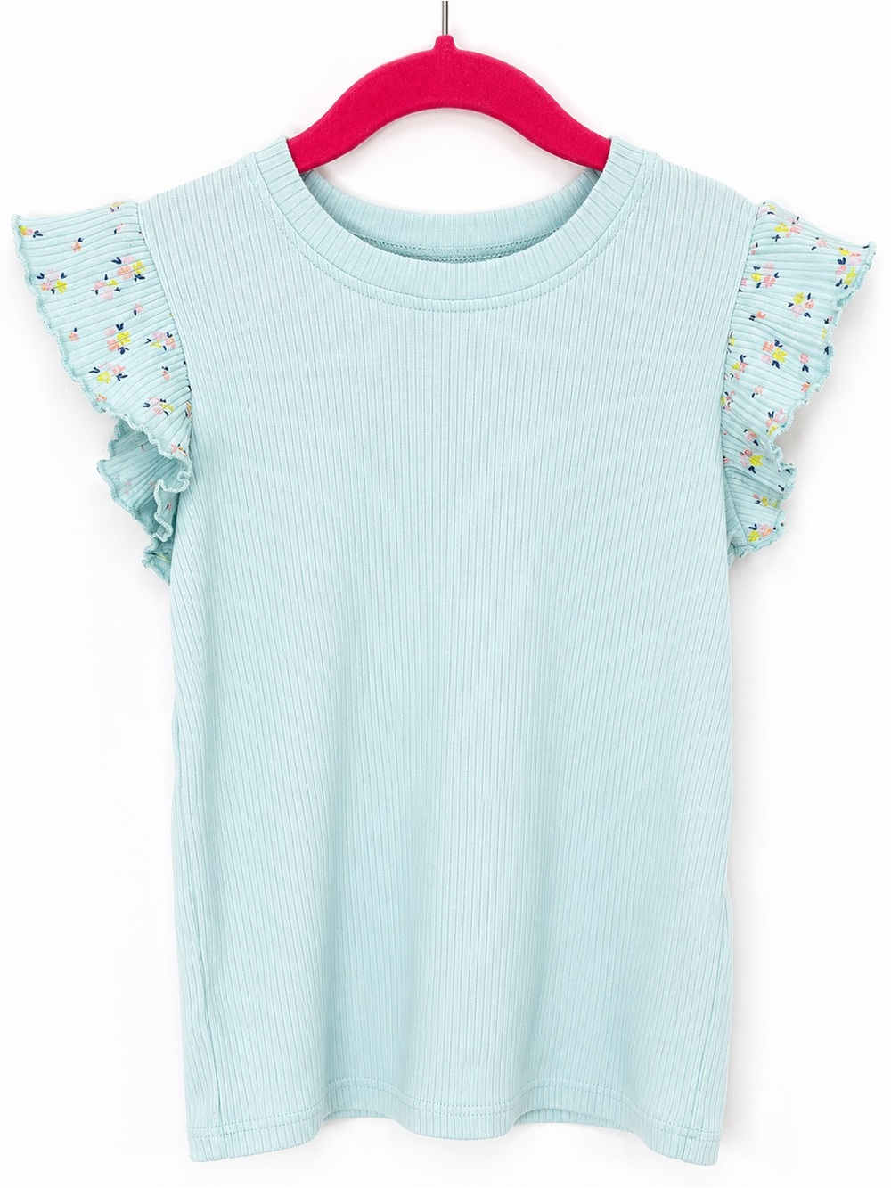 PEKKLE Girls Light Blue Floral Ribbed Flutter Sleeve Top Size 6